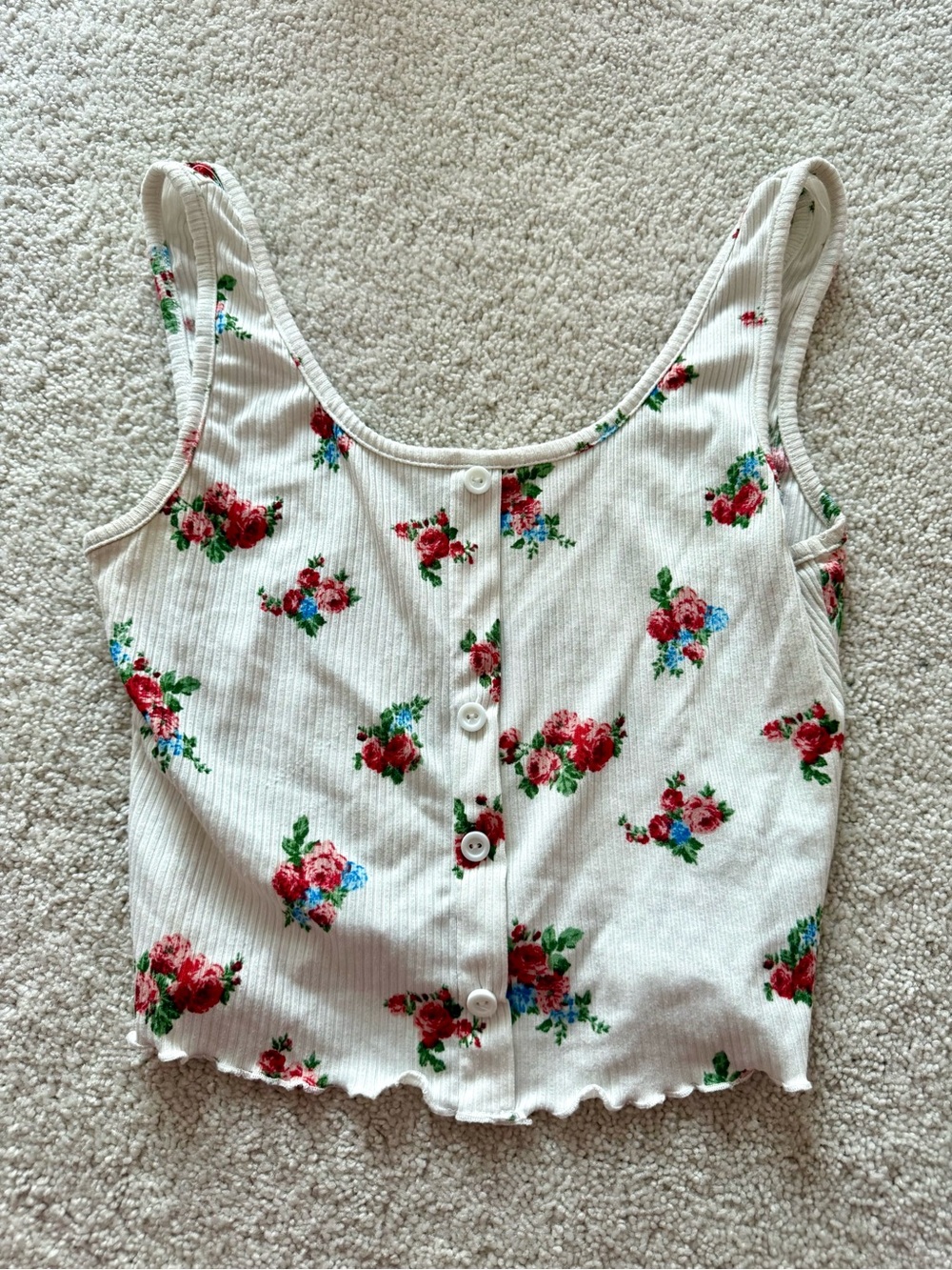 Gaze Floral Ribbed  Cropped Tank Top - White with Red Rose Print